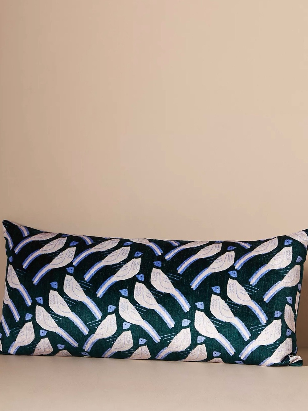 Anthropologie Velvet Villa Bird Print Lumbar Pillow - Navy, Ivory & Teal